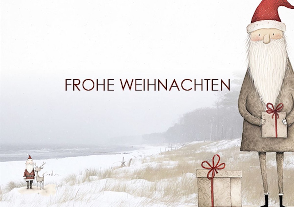 Weihnachtskarten mit Weihnachtsmann am Weststrand