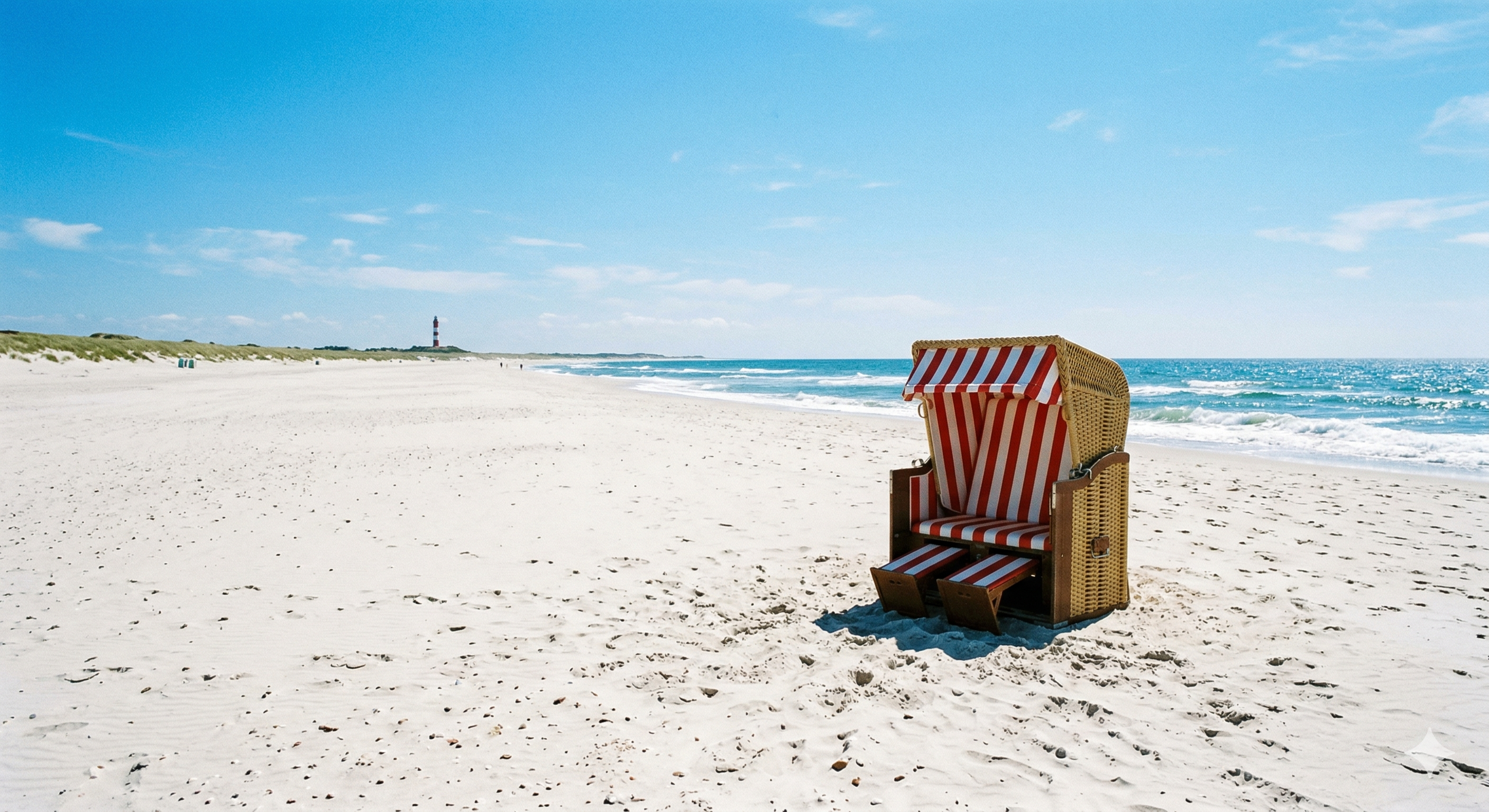 in rot-weiß gestreifter Strandkorb im weißen, feinen Sand am weiten Kniepsand-Strand auf Amrum, im Hintergrund die blaue Nordsee unter strahlendem Frühlingshimmel