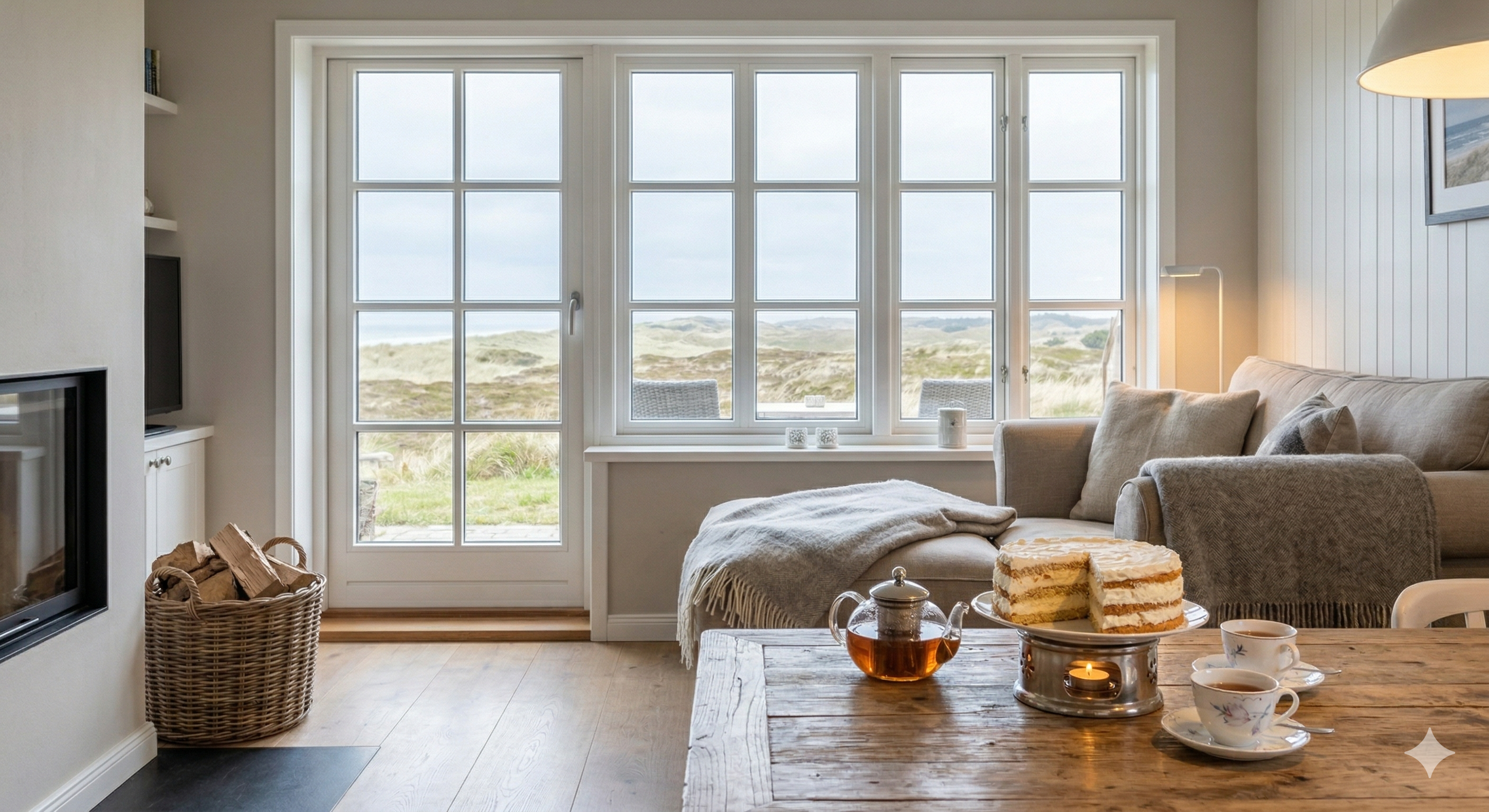 elles, gemütlich eingerichtetes Wohnzimmer einer Ferienwohnung von Amrum Appartements mit Blick durch große Fenster auf die Dünenlandschaft, im Vordergrund ein Tisch mit Friesentee und Friesentorte