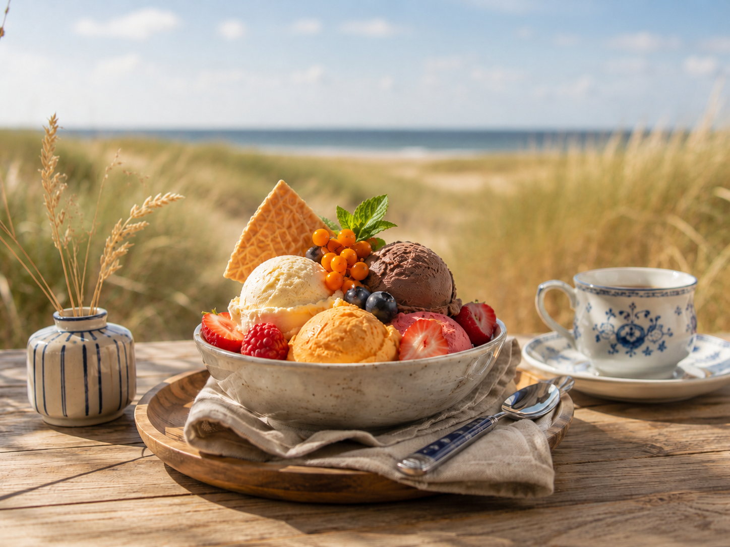 Eis auf einem Terrassentisch in den Dünen. Im Hintergrund das Meer